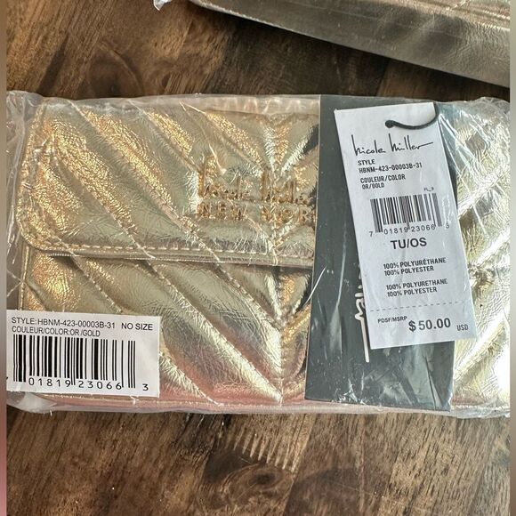 NWT Nicole Miller Gold Vegan Leather Quilted Small Handbag Crossbody Gold Chain - Picture 6 of 9